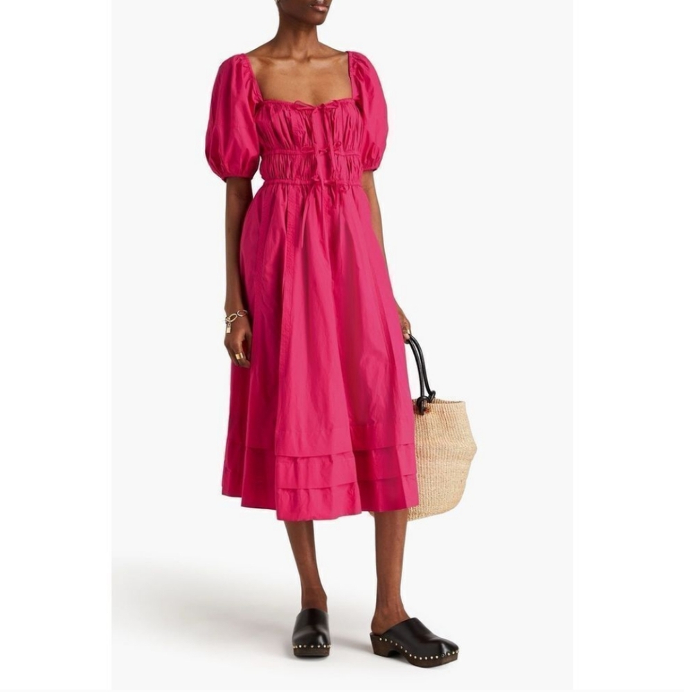 Ulla Johnson Palma Vibrant Barbie Pink Peasant Cotton Puff Sleeve Midi Dress - Picture 10 of 16
